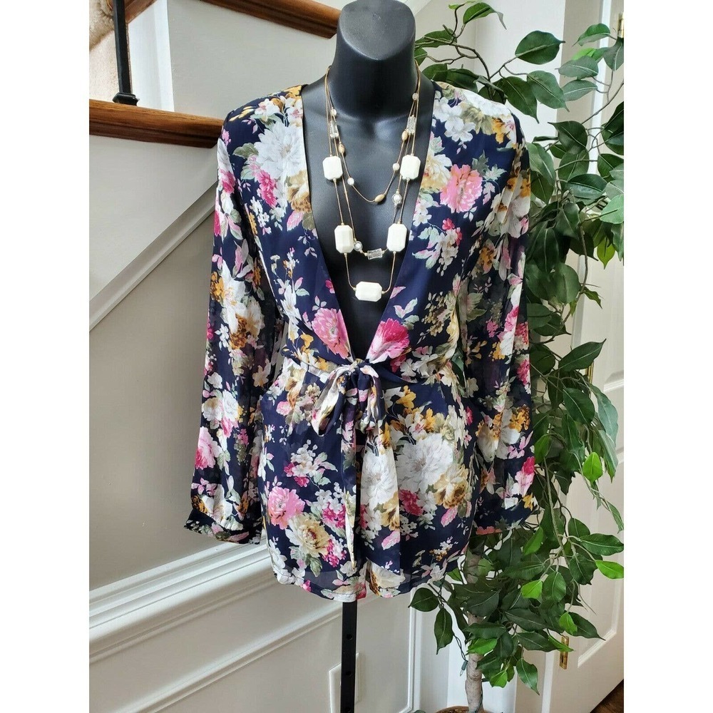Boutique Loveriche Women Blue Floral Polyester Long Sleeve V-Neck Romper Size S